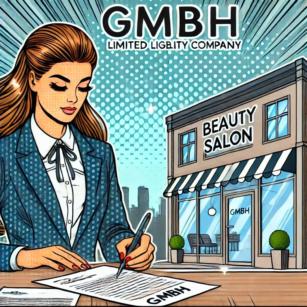 DALL·E 2025-02-27 11.08.36 - A comic-style square illustration representing a GmbH (limited liability company) beauty salon. The scene shows a professional businesswoman in a mo