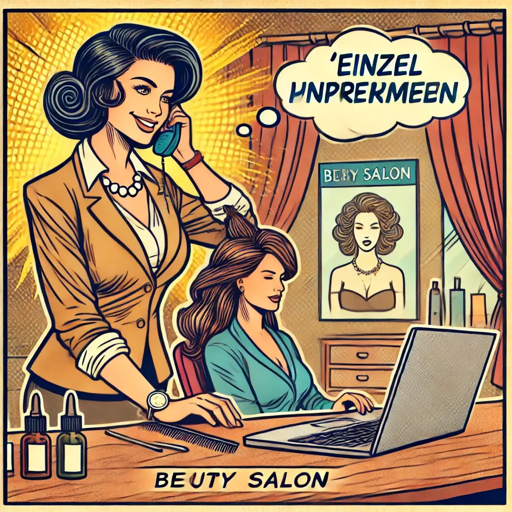 DALL·E 2025-02-27 11.08.34 - A comic-style square illustration representing an Einzelunternehmen (sole proprietorship) beauty salon. The scene shows a confident woman running he